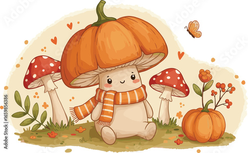 Cute autumn mushroom character with pumpkin hat, fall leaves, cozy scarf, butterflies, whimsical forest scene, cartoon illustration, seasonal art, adorable design, warm colors