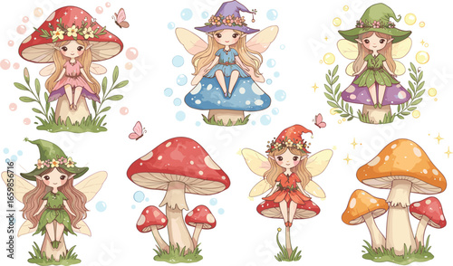 Cute fairy girls sitting on colorful mushrooms, fantasy forest scene, magical fairies illustration, whimsical woodland decor, nursery wall art