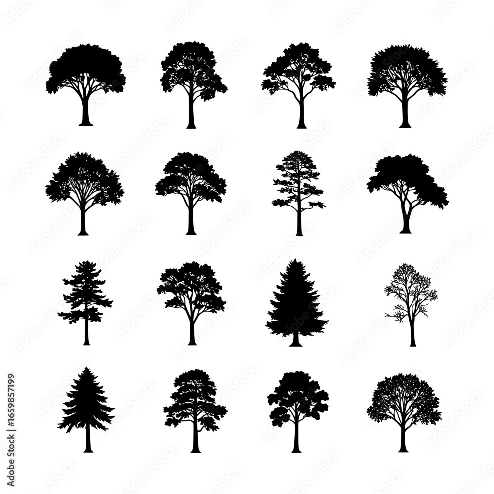 Fototapeta premium Diverse Collection of Tree Silhouettes Representing Nature, Growth, and Various Tree Species in a Simple and Elegant Graphic Style for Design Projects
