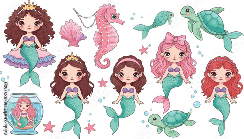Kawaii mermaid sticker set, ocean animals clipart, cute sea creatures, pastel sea life, digital download, underwater theme