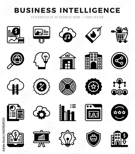 Set of Lineal Filled Business Intelligence Icons. Lineal Filled art icon. Vector illustration