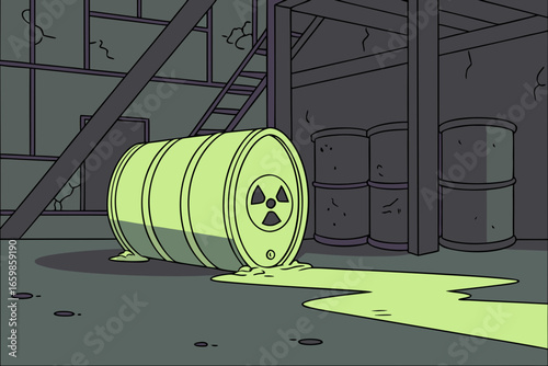 Radioactive waste barrel in an industrial setting