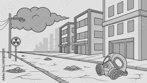 Apocalyptic city with pollution and gas mask