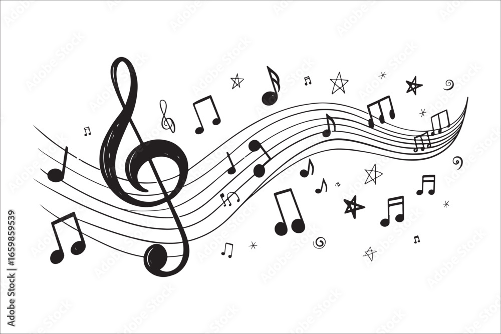 Fototapeta premium Musical notes melody flowing through staff silhouette