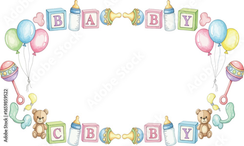 A whimsical oval border frame adorned with colorful baby-themed elements including alphabet blocks spelling "BABY," baby bottles, rattles, balloons, and cute...
