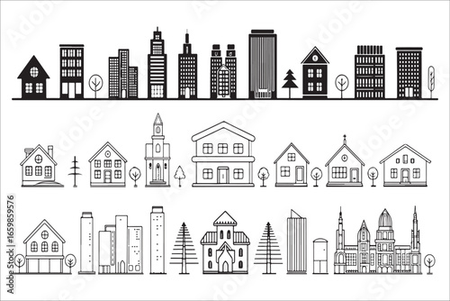 Diverse cityscape silhouettes architectural styles collection silhouette