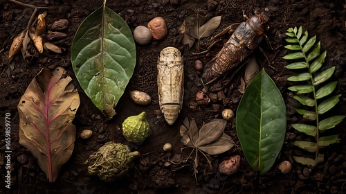 Close-up of diverse natural elements including leaves, insect pupae, seeds, and dried pods arranged on rich dark soil with textured earthy tones