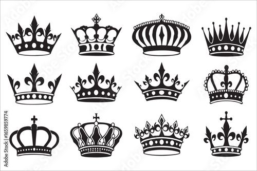 Collection of royal crown designs in black and white silhouette