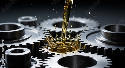 Wallpaper Mural Lubrication Dynamics: A focused image highlighting the critical role of lubricant in mechanical systems, with a stream of oil cascading onto a gear system. Torontodigital.ca