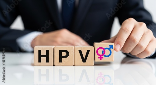 HPV Awareness: A close-up view of a well-dressed individual holding wooden blocks that spell HPV, with a gender symbol block symbolizing the virus's impact on diverse communities.