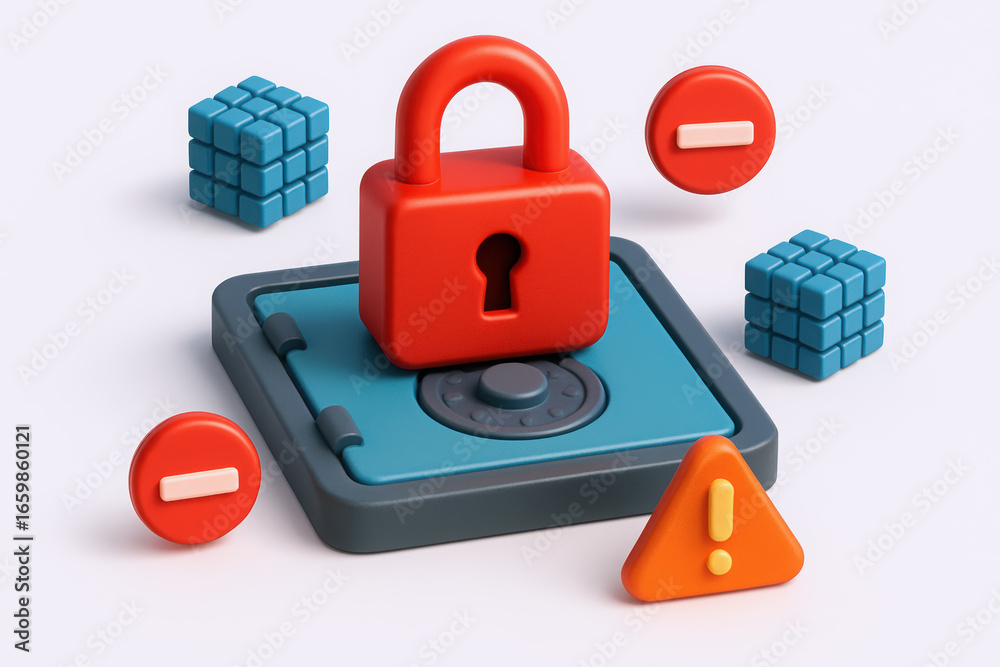 Obraz premium Colorful 3D illustration featuring a red padlock on a blue safe with caution symbols.