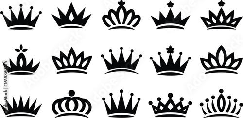 Vector silhouette  Black and White Crown Icon Set for Royal and Vintage Design