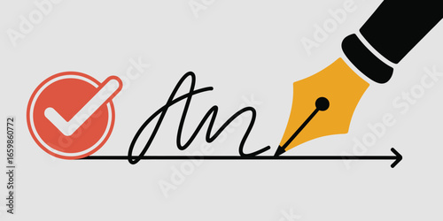 A graphic illustration of a signature being signed with a pen and a red check mark is present too