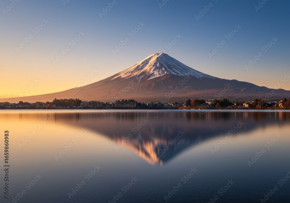 Naklejka premium The iconic Mount Fuji in Japan, captured across seasons: with cherry blossoms in spring, snow-covered peak in winter, glowing sunset reflections on lakes. A perfect symbol of Japan’s natural beauty.