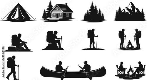 Camping and hiking silhouette icons, tent, cabin, forest, mountain, canoeing, campfire scenes, black vector set, outdoor adventure, isolated on white