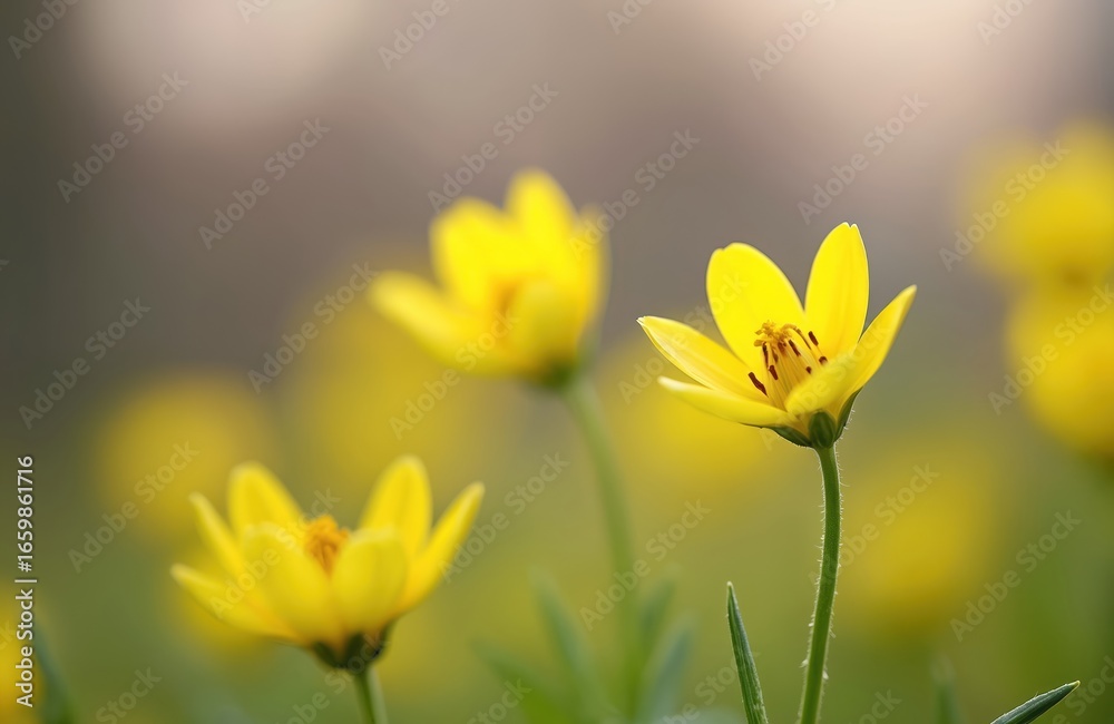 Obraz premium Bright yellow rape blossoms in full bloom. Spring plants create vibrant natural landscape, showcasing nature beauty and agricultural bounty. Soft focus background highlights delicate petals and stems.