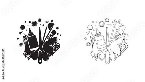 Craft supplies and makeup tools arrangement
