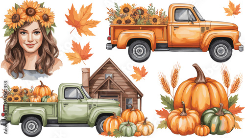 Watercolor autumn illustration set, vintage trucks with pumpkins, fall farmhouse, woman with sunflower crown, rustic decor, seasonal harvest scene