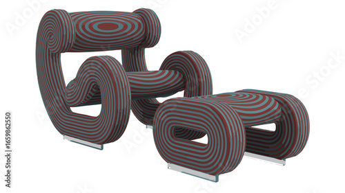 Modern Armchair and Ottoman with Red and Teal Striped Pattern on White Background furniture