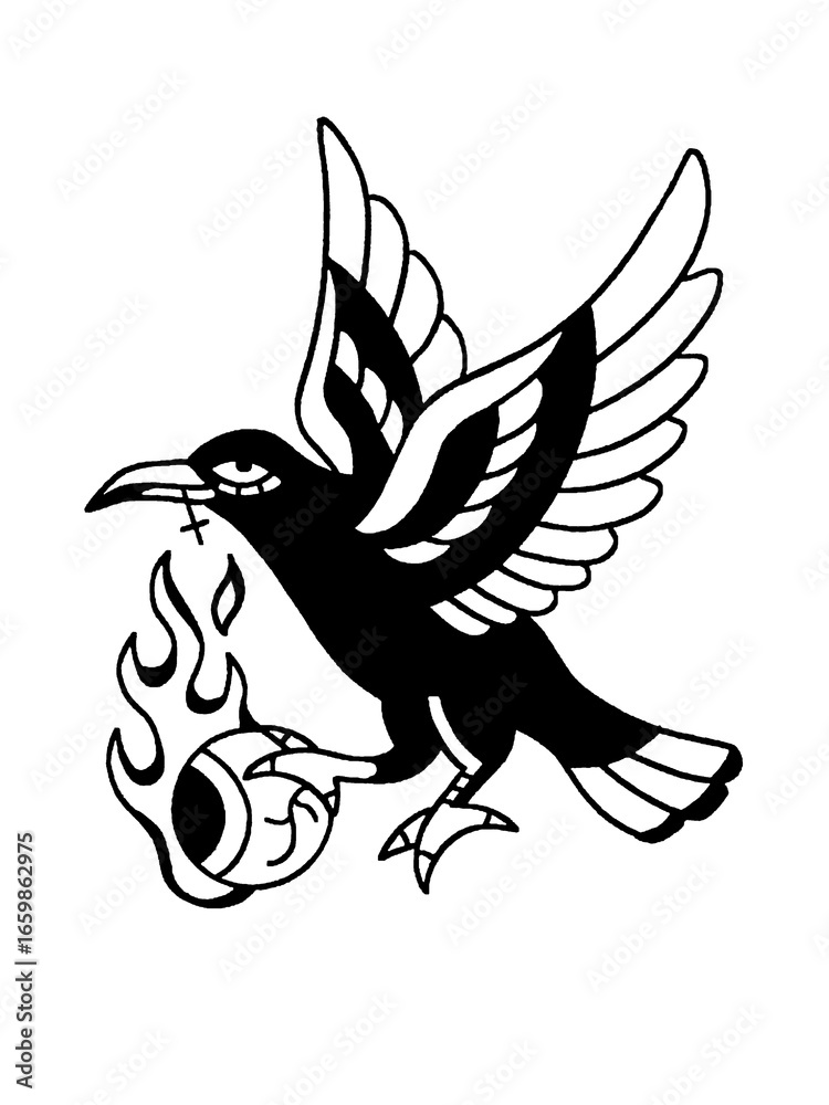 Obraz premium Flying raven holding a flaming eyeball, vintage tattoo illustration