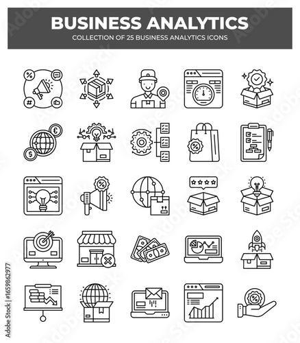 Collection of 25 Business Analytics Icons: Data Analysis. Marketing. and Sales