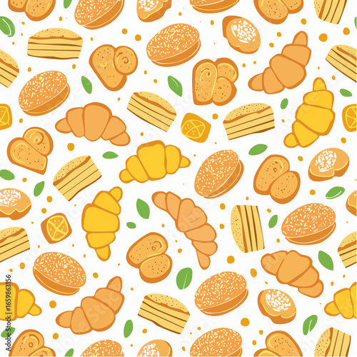 Seamless pattern of freshly baked pastries and sweet treats, perfect for bakery branding and culinary designs.