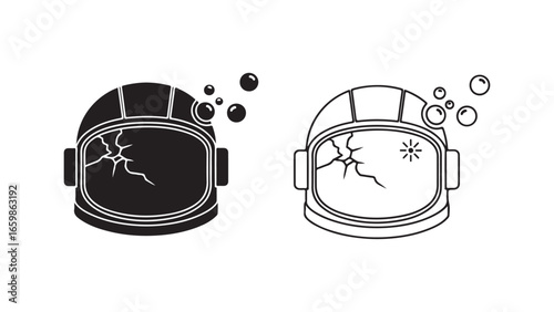 Damaged astronaut helmet with bubbles with transparent background