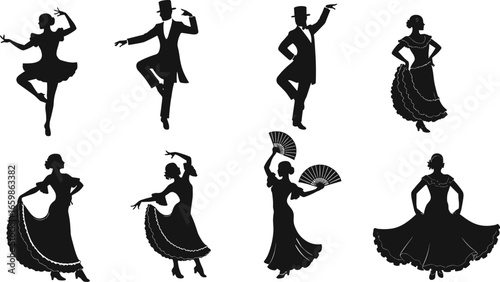 Dance silhouette vector set, ballroom, flamenco, classical poses, male and female dancers, black icons, cultural performance, isolated on white background