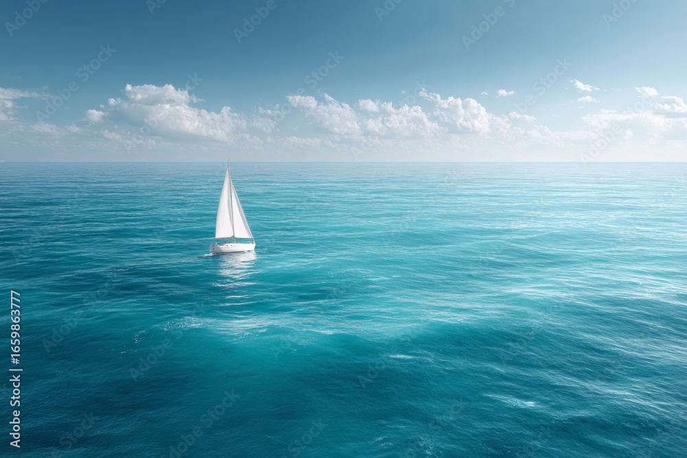 Obraz premium Sailboat on a serene ocean, sailing on calm waters under a clear sky, symbolizing freedom and adventure.