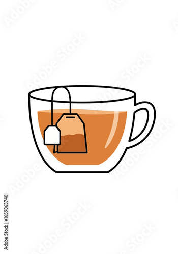 A cup of tea with a teabag inside, simple line art illustration.