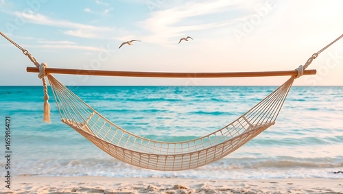 Hammock hanging over a sandy beach with ocean waves and birds flying in the sky on a sunny day