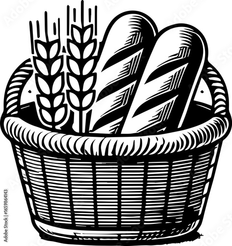 Illustration of a basket filled with two loaves of bread and stalks of wheat in black and white style