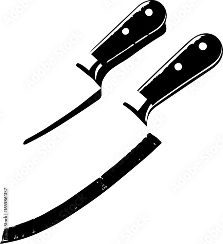 Illustration of two knives with black handles and a curved blade on a white background in monochrome style