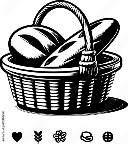 A basket filled with bread loafs and a round bread with icons below in black and white style graphic