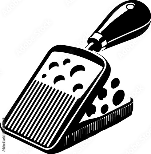 Illustration of a black and white cheese grater with a handle and different sized holes for grating cheese