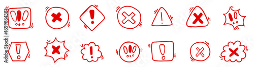 Exclamation caution doodle sign sketch illustration. Dangerous warning safety notification in minimalistic simple style collection set.