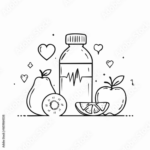 Healthy lifestyle concept with a vitamin supplement bottle and fresh fruits. Hand-drawn vector illustration of apple, pear, and orange for nutrition and wellness.
