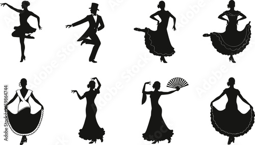 Set of elegant flamenco dance silhouettes with traditional costumes, showcasing dynamic poses of male and female dancers for cultural and artistic projects