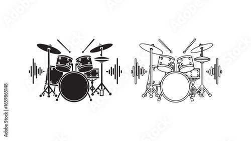 Drum set outline icons black and white
