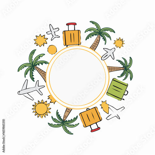 Circular Vacation Travel Icon Collection with Palm Trees, Suitcases, Airplanes, and Sun Symbols