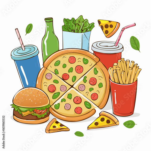 A vibrant and colorful illustration showcasing a variety of popular fast food items including pizza, burgers, fries, and refreshing drinks, perfect for culinary themes and graphic design projects.