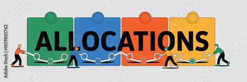 Allocations concept with people adjusting a line graph across colorful square blocks in a vector illustration