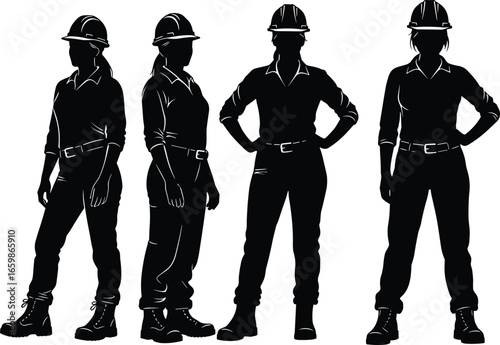 Silhouette of female construction workers in boots and hard hats, standing confidently in workwear, black isolated figures on white background, profession concept