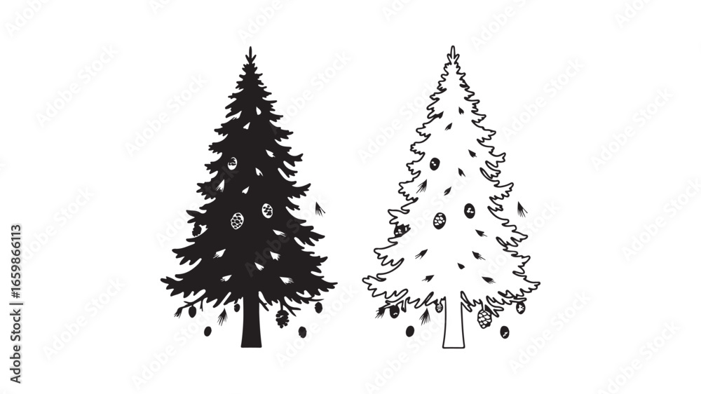 Obraz premium Evergreen trees with pine cones, black and white