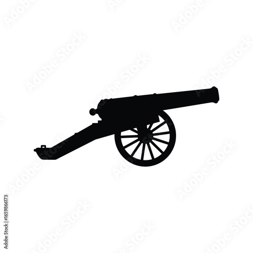 Silhouette of a historical cannon with wheels on a white backdrop vector