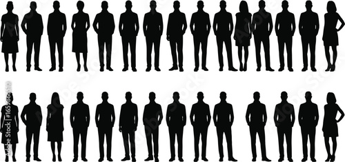 Silhouettes of diverse business professionals in formal attire, standing in confident poses, black isolated figures on white background, corporate team concept