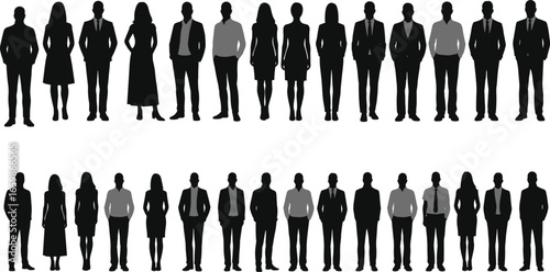 Silhouettes of diverse business professionals in grayscale formal attire, standing in confident poses, isolated figures on white background, corporate team concept