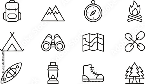 Collection of Adventure Line Icons. Travel, Hiking, Camping, Exploration. Editable Stroke. Vector Illustration
