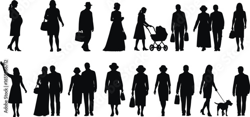 Silhouettes of diverse women in various outfits and poses, including pregnancy, parenting, shopping, walking, waving, and dog walking, black isolated figures