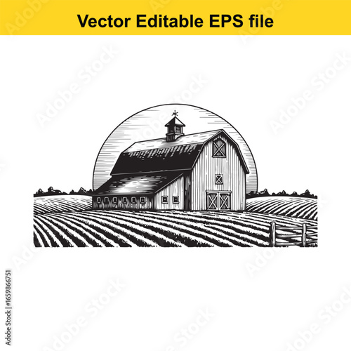Old barn in a cultivated field under a semicircular sky, isolated on white background